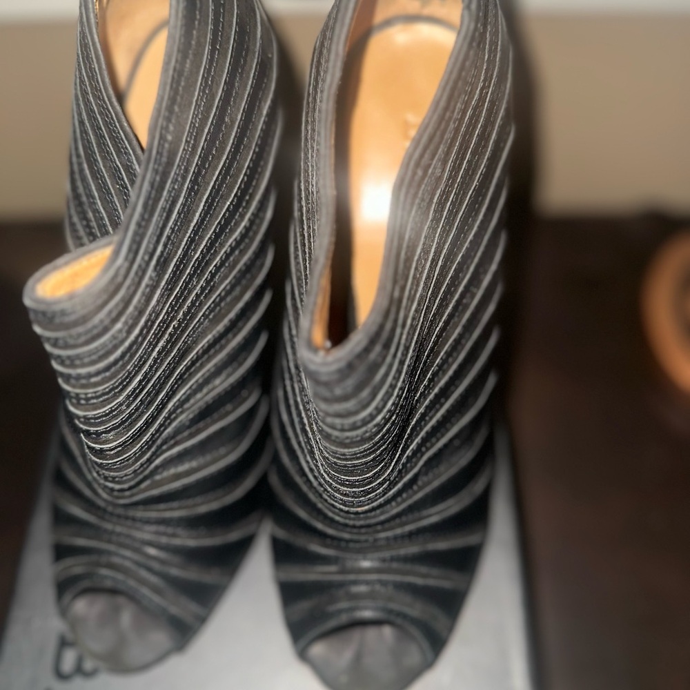 L.A.M.B. Black Sculptural Ankle Booties with Open Toe